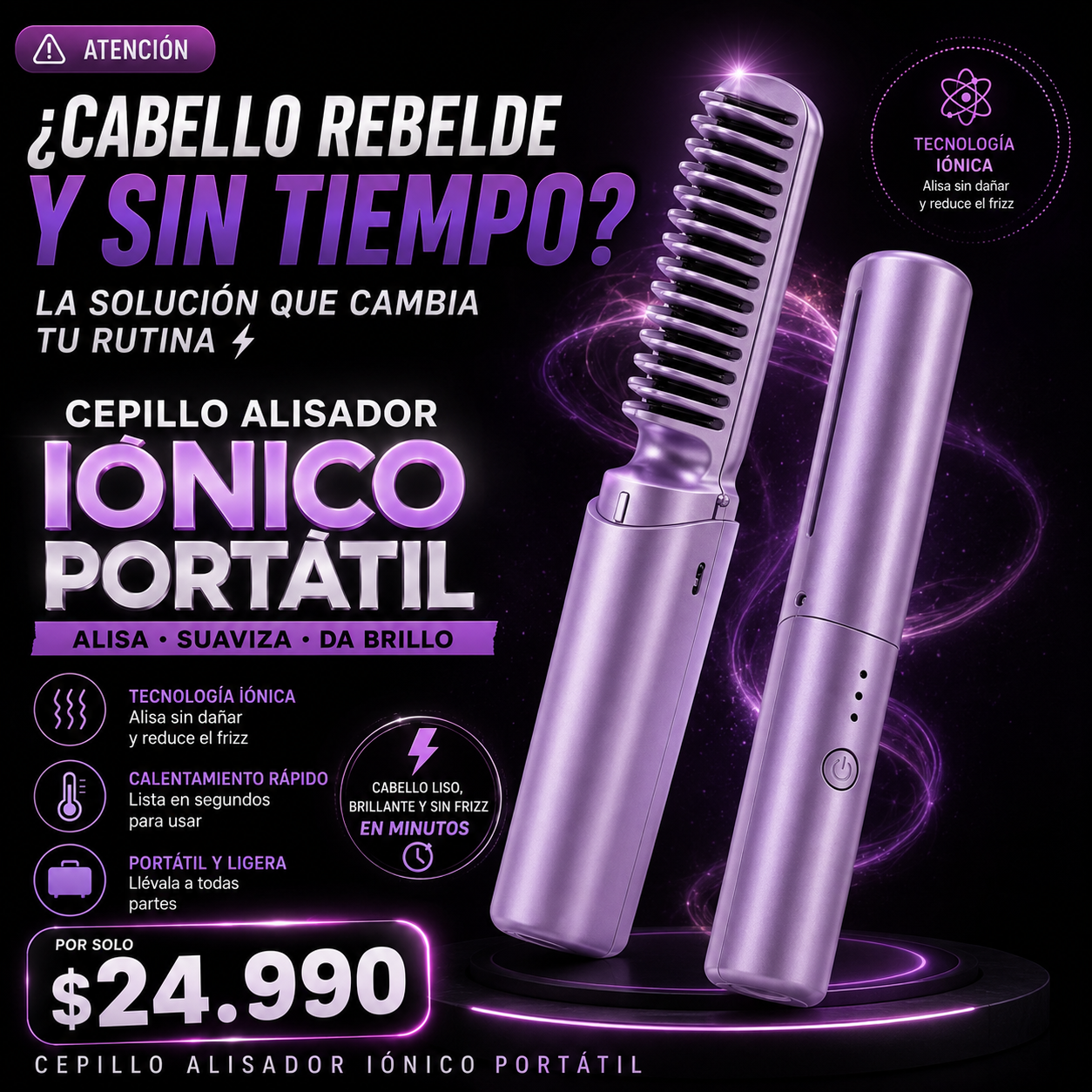 Cepillo Alisador Iónico Portátil