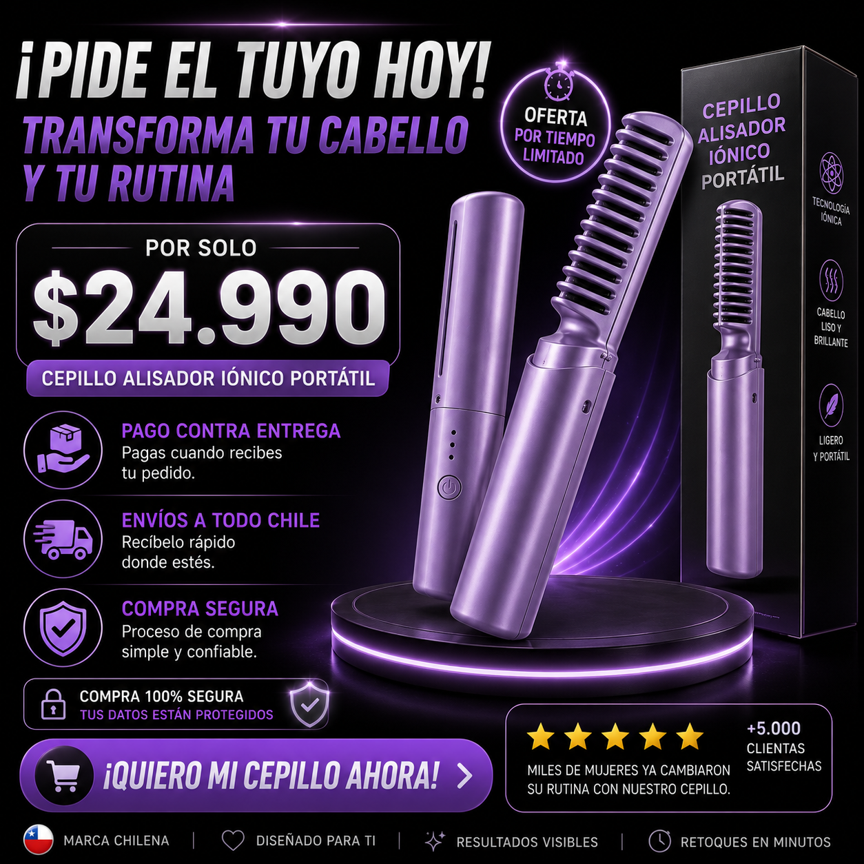 Cepillo Alisador Iónico Portátil